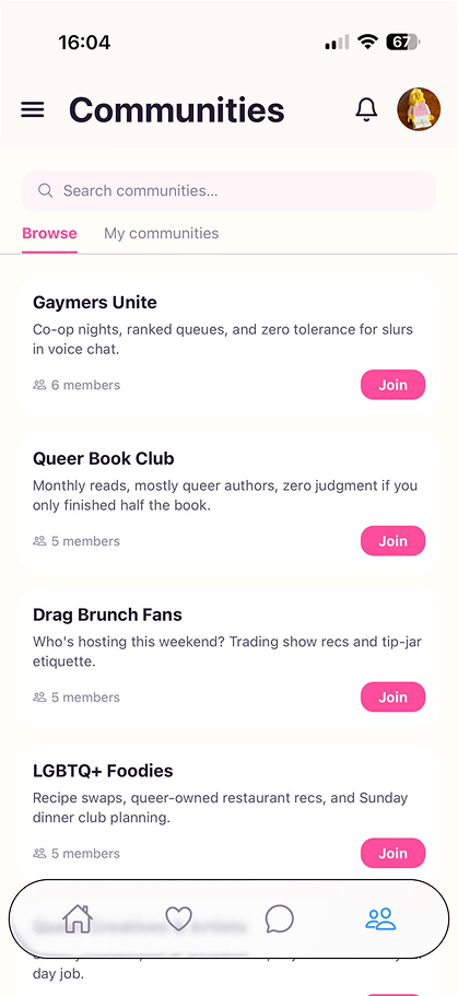 Waimz Communities screen with Gaymers Unite, Queer Book Club, Drag Brunch Fans and LGBTQ+ Foodies