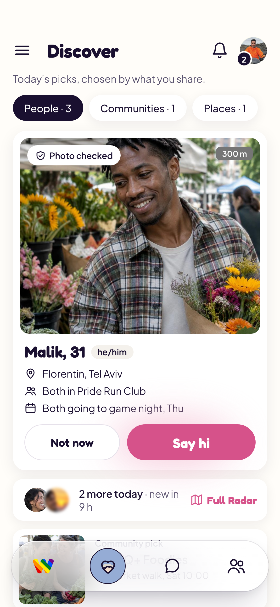 Waimz V13.1 Discover with today's nearby picks and shared interests