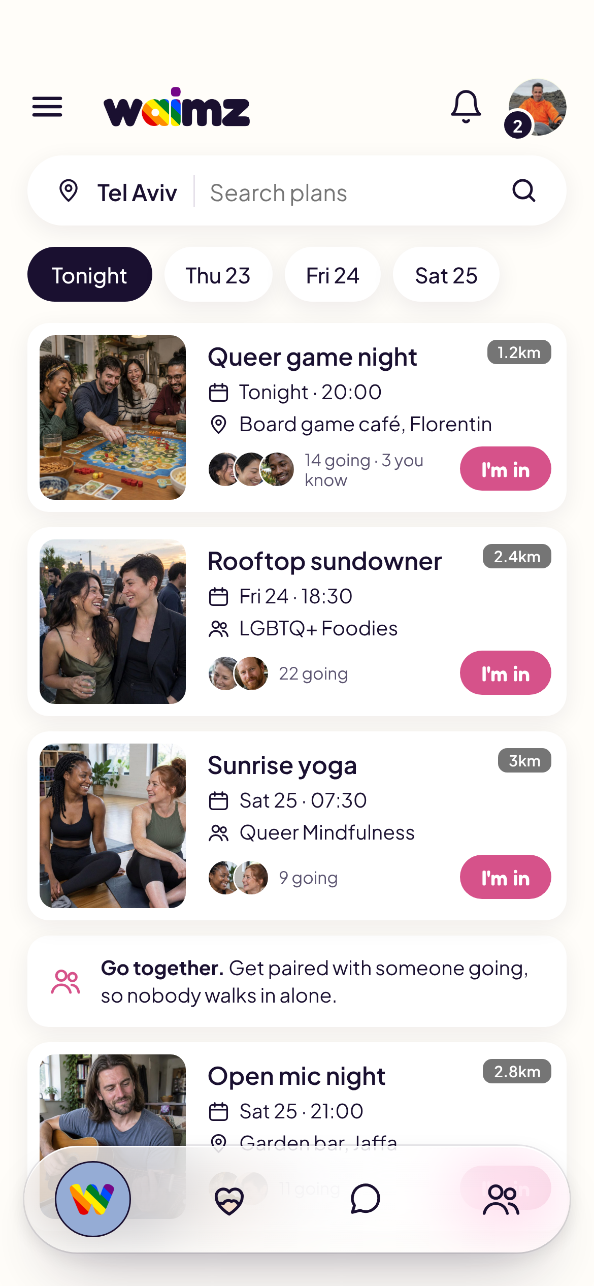 Waimz V13.1 Plans with queer game night, rooftop sundowner, sunrise yoga and open mic events