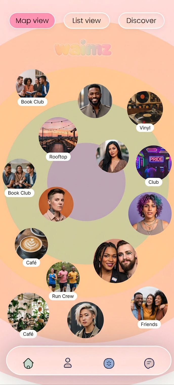 Waimz discovery map view with diverse LGBTQ+ people nearby