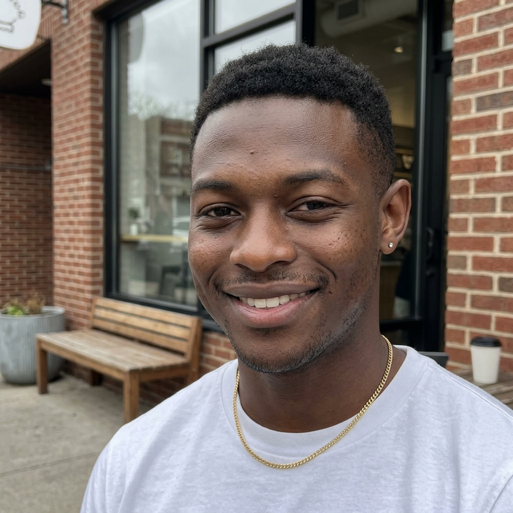 Person in a white T-shirt smiling outside a neighborhood coffee shop