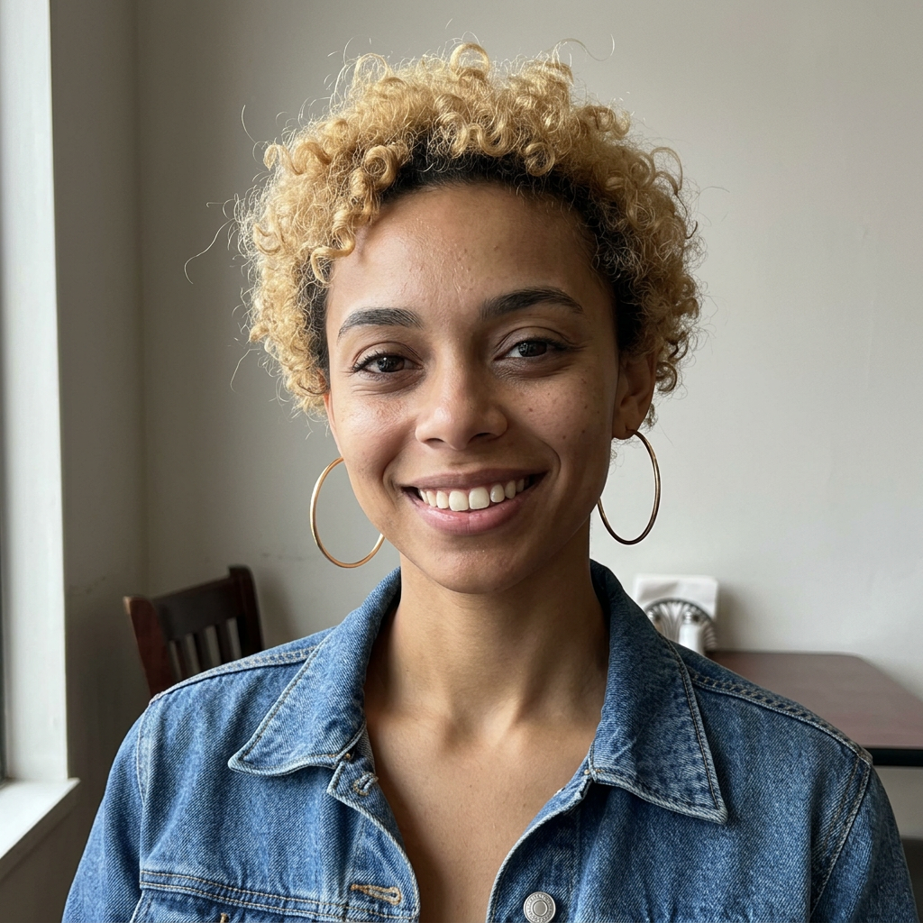 Person with short curls and a denim jacket smiling in a café