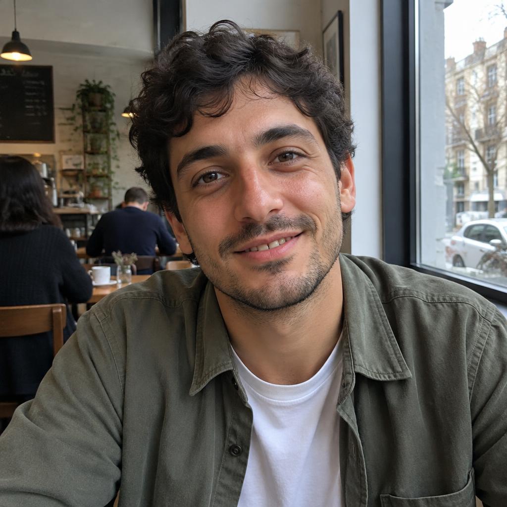 Young adult with wavy hair and an olive overshirt smiling in a café