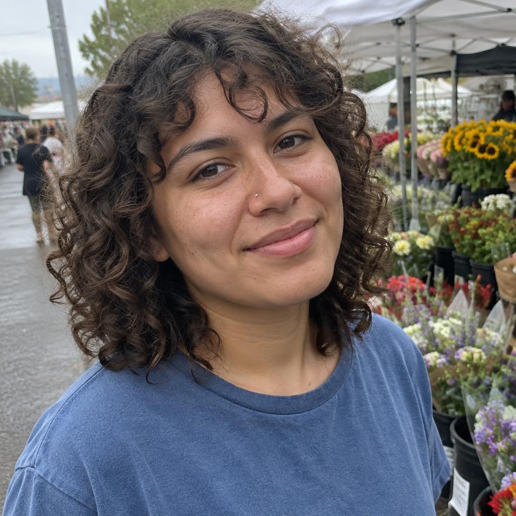 Young adult with curly hair and a blue T-shirt at an outdoor flower market