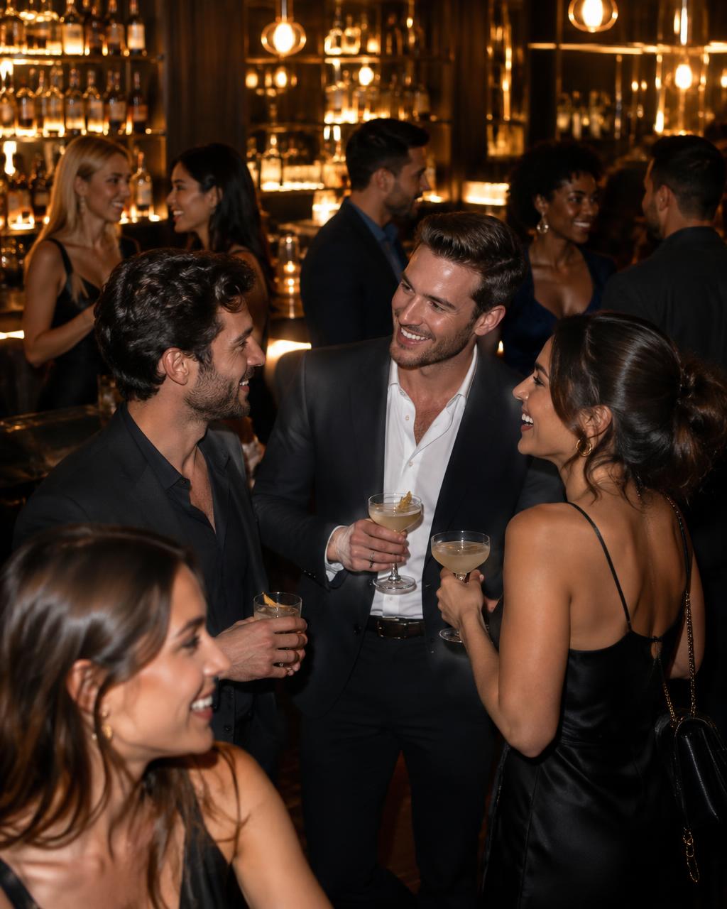 Friends in elegant attire laughing with cocktails at an upscale nightclub party