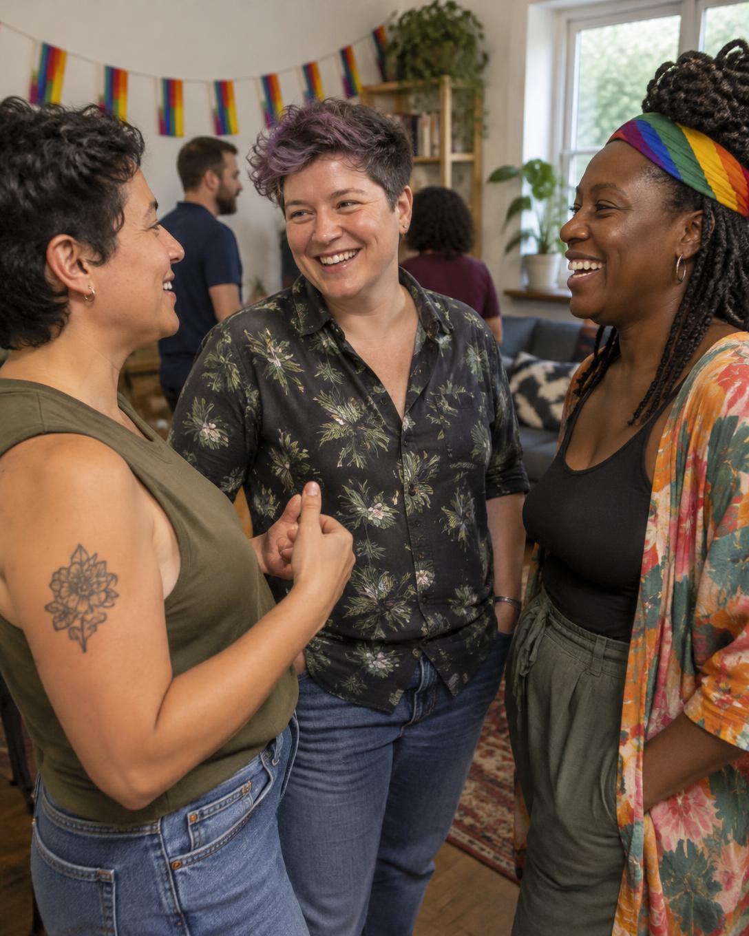 Friends laughing together at a relaxed Pride house party