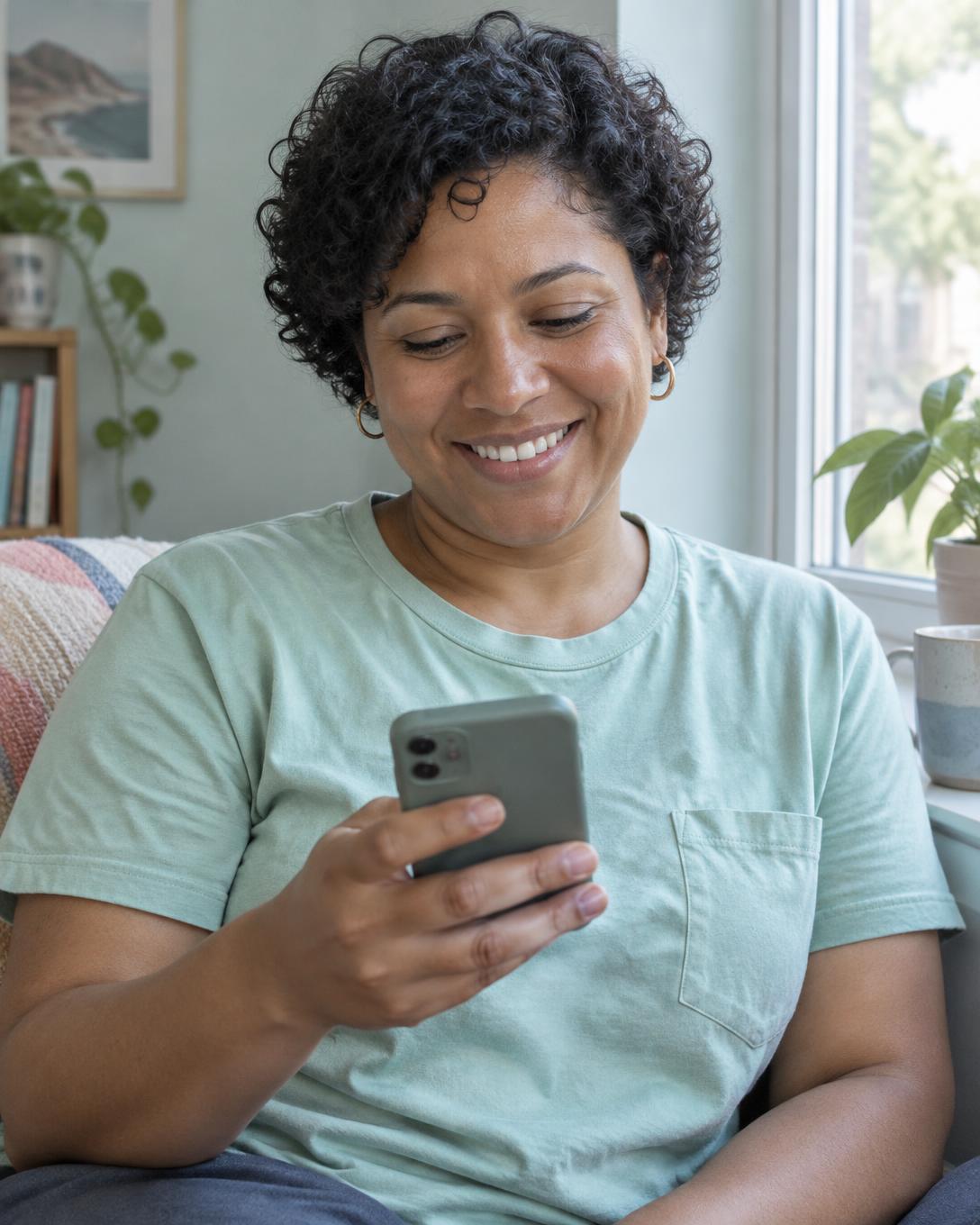 Smiling woman in a mint shirt checking her phone by a window