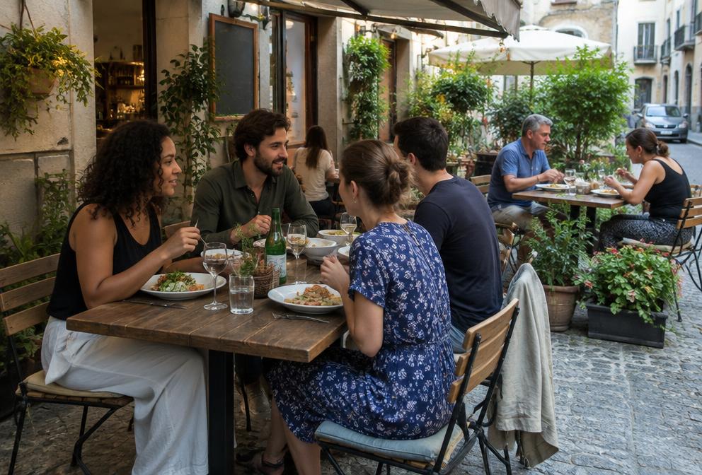 Illustrative Waimz restaurant terrace with adults sharing a relaxed dinner