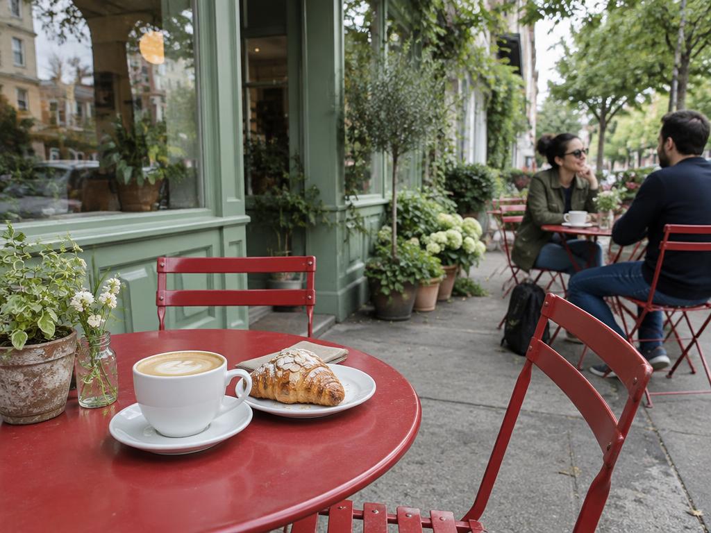 Illustrative leafy neighborhood café patio with coffee and pastries