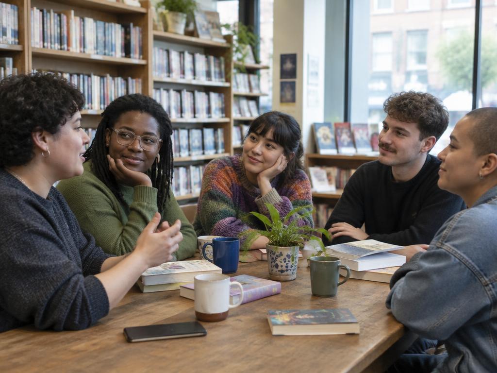Illustrative community book club with adults discussing books