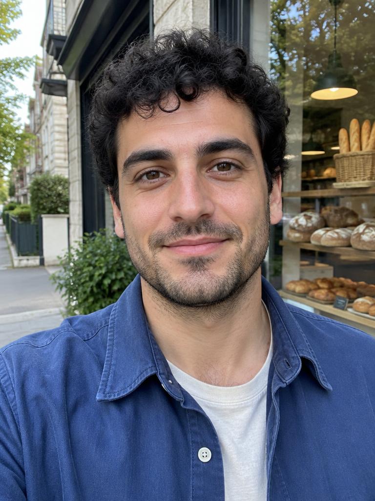Illustrative portrait of a young adult outside a bakery