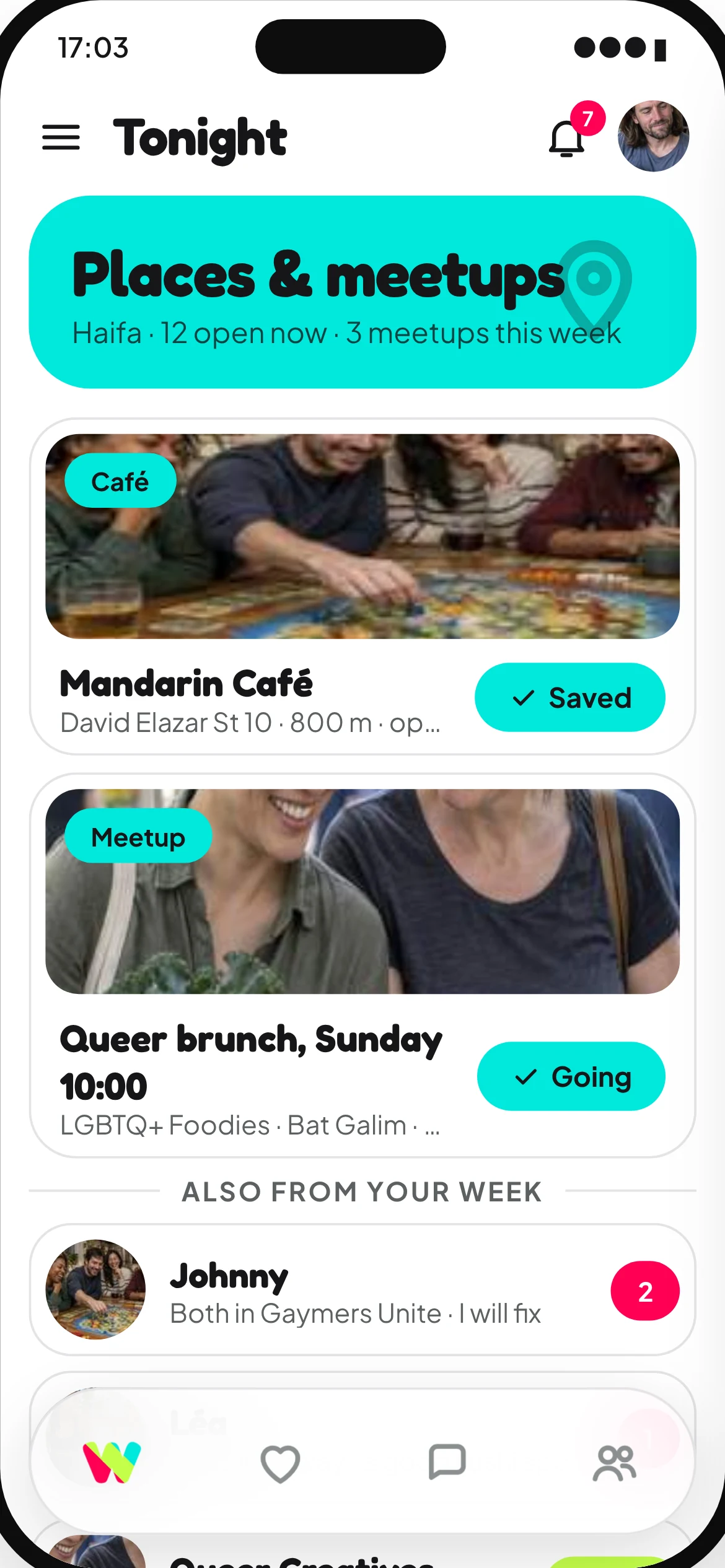 Waimz Tonight feed with places and meetups near you, like a café and a queer brunch