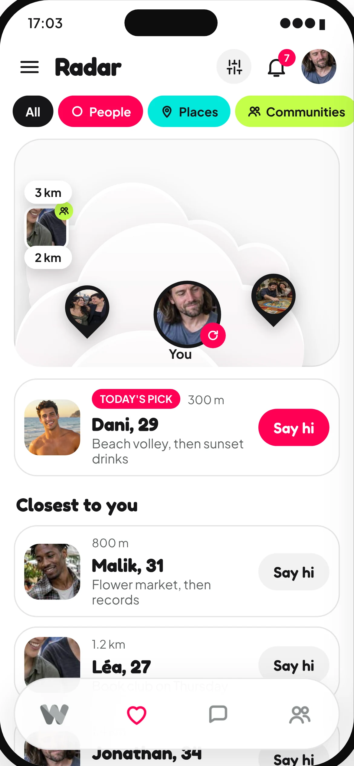 Waimz Radar with people nearby on soft cloud layers, today's pick and the people closest to you